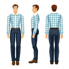 Vector illustration of young man in blue jeans and shirt with tartan pattern. Various turns man's figure. Front view, side view and back view.