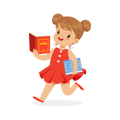 Beautiful girl in red dress running and reading a book, kid enjoying reading, colorful character vector Illustration