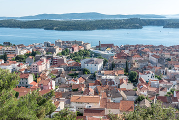 Fototapeta na wymiar Aerial View of Sibenik old town panorama, view from Barone fortress: SIBENIK,CROATIA,May 28,2017