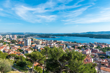 Obraz premium Aerial View of Sibenik old town panorama, view from Barone fortress: SIBENIK,CROATIA,May 28,2017