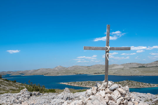 Aerial view of Cross overlooking of Kornati islands in National park in Croatia, Adriatic sea:SIBENIK,CROATIA,May 28,2017