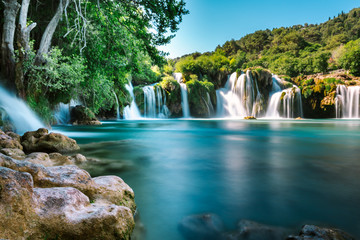 Long Exposure View of waterfall Skradinski Buk in Krka National Park one of the most famous national parks and visited by many tourists.Skradinski Buk:KRKA NATIONAL PARK,CROATIA,MAY 27,2017