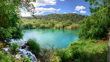 Panoramic Aerial View of waterfall Skradinski Buk in Krka National Park one of the most famous national parks and visited by many tourists.Skradinski Buk:KRKA NATIONAL PARK,CROATIA,MAY 27,2017