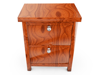 Wood bedside table. Modern designer, nightstand isolated on white background. Series of furniture 3d render