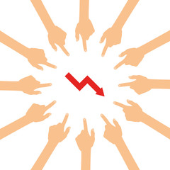 Viele Hände zeigen auf - negativer Kurs - Pfeil nach unten