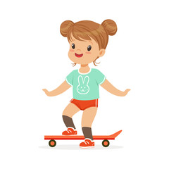 Girl riding on a skateboard, kids summer activity colorful character vector Illustration