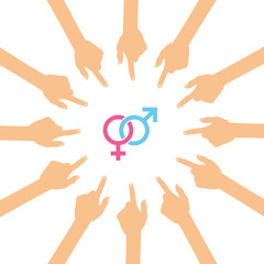 Obraz premium Viele Hände zeigen auf - Symbole Weiblich und Männlich