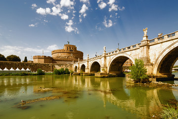 The Mausoleum of Hadrian, usually known as Castel Sant'Angelo (Castle of the Holy Angel) and Sant' Angelo Bridge. Rome. Italy.