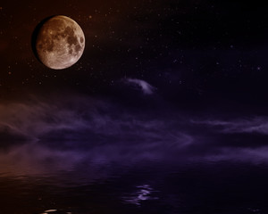 Fototapeta na wymiar Half moon with stars and nebulae reflecting in water.