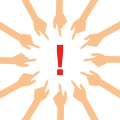 Viele Hände zeigen auf - Ausrufezeichen