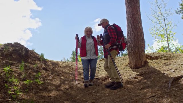 PAN of elderly man with backpack holding hand of senior woman using trekking poles and helping her walk down hill on summer day