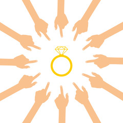 Viele Hände zeigen auf - Diamantring