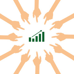 Viele Hände zeigen auf - aufsteigendes Balkendiagramm