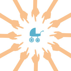 Viele Hände zeigen auf - Babywagen - Kinderwagen