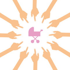 Viele Hände zeigen auf - rosa Kinderwagen