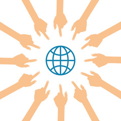 Viele Hände zeigen auf - Weltkugel