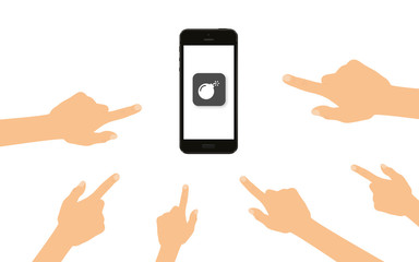 Finger zeigen auf Smartphone mit Bombe