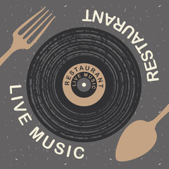 Vector banner for restaurant with live music patterned vinyl and cutlery on the cardboard background in retro style