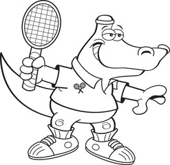 Black and white illustration of an alligator playing tennis.