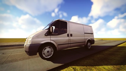 Fototapeta na wymiar White van traveling on the roads 3d rendering