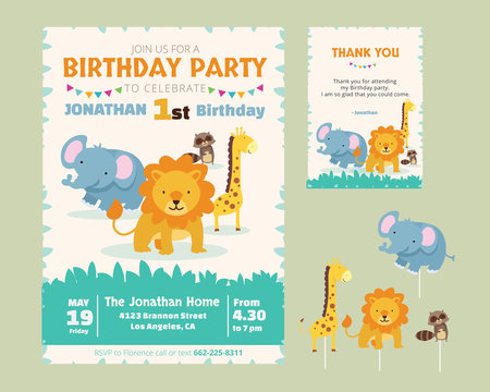 Cute Animal Theme Birthday Party Invitation And Thank You Card Illustration Template