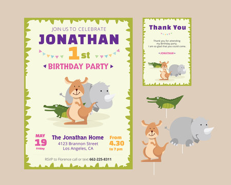 Cute Animal Theme Birthday Party Invitation And Thank You Card Illustration Template