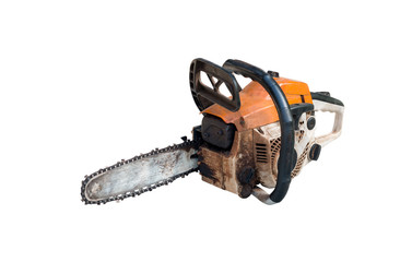Naklejka premium the old electric saw isolated on white background
