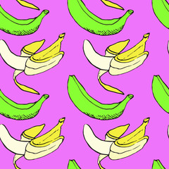 Yellow and green bananas, seamless pattern design, hand drawn doodle, sketch in pop art style, color illustration, purple background © ArtoPhotoDesigno