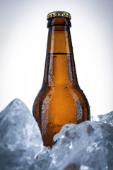 Vignette photo bottle of beer in ice cubes. Close up. White background