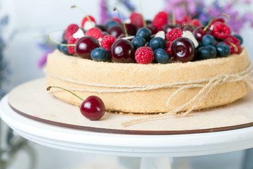 Macro photo of Cheesecake with summer berries