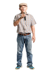 Portrait of a happy mature man presented with microphone. Isolated full lenth on white background with clipping path