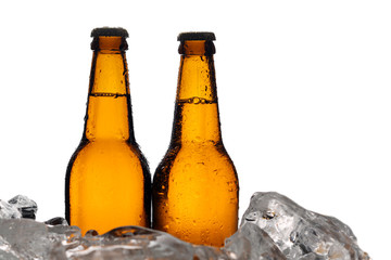 Two bottles of beer. Close up. White background
