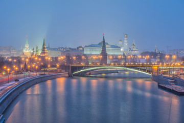 Russia, night view of the Moskva River, Bridge and the Kremlin
