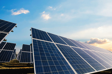 Solar panels with morning sunlight sky