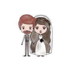 color crayon silhouette caricature newly married couple groom with formal wear and bride with wavy long hairstyle