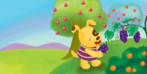 Naklejka premium Dog collect fresh purple grapes from the tree