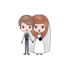 color crayon silhouette caricature newly married couple young groom with formal wear and bride with long hairstyle