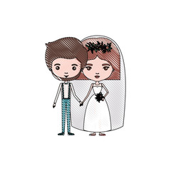 color crayon silhouette caricature newly married couple groom with formal wear and bride with straight short hairstyle