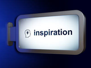 Marketing concept: Inspiration and Head With Lightbulb on billboard background