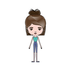 color crayon silhouette caricature skinny woman in clothes with bun medium modern hairstyle