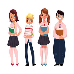 Four students, pupils, school kids standing together, holding books, cartoon vector illustration isolated on white background. Group of pupils, students, boys and girls standing together