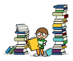 Kind mit Brille liest Buch vor Bücherstapel