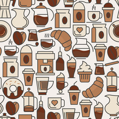 Coffee seamless pattern with thin line icons of equipment for cooking, coffee beans, croissants, cakes for shop, cafe, menu or web site. Vector illustration.