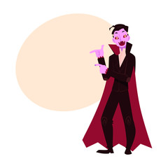 Young man dressed as dracula, vampire, Halloween party costume, cartoon vector illustration with space for text. Man dressed as dracula, vampire, black cape and fangs, Halloween party costume