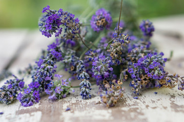 Close-up of bunch lavender on a white rustic table. Concept nostalgia and vintige style. Shallow depth of focus.