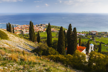 Pythagorio town on Samos island, Greece, as seen from a nearby hill. 

