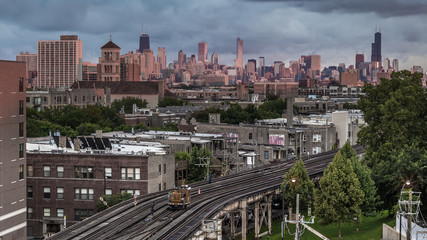 Fototapeta na wymiar Tracks leading to downtown Chicago