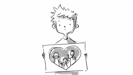 Little girl holding a portrait drawing of her family. Hand drawn sketch Vector