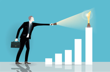 Fototapeta premium Successful businessman illuminating the trophy with torch. Winning, leading and success theme illustration. Business concept collection. 