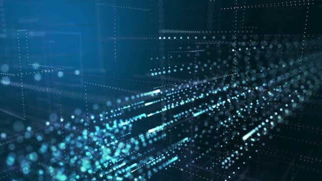 Moving particles in a virtual grid with a blur effect. 4k UHD video loop motion.
